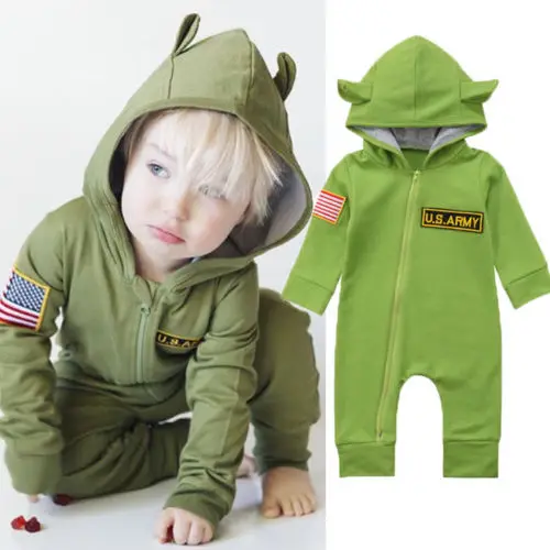Newborn Baby Girl Boy US ARMY GREEN Romper Jumpsuit Hooded Overalls Sunsuit Toddler Kids Cotton Warm Zipper Rompers Clothes |