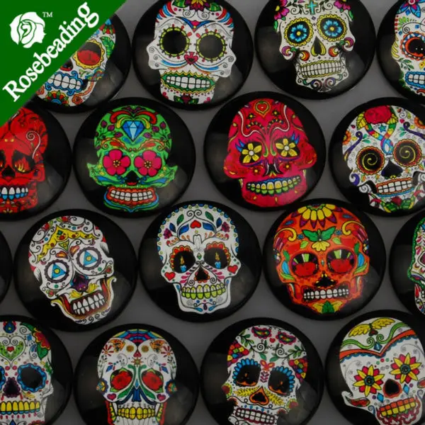 

30MM Round pattern glass cabochons with mixed skull,flat back,thickness 7mm,20pcs/lot-C4747