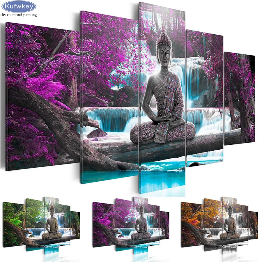 

5d diy алмазная живопись, водопад, Будда, вышивка крестиком, 5 шт./набор, квадратная мозаика из камня