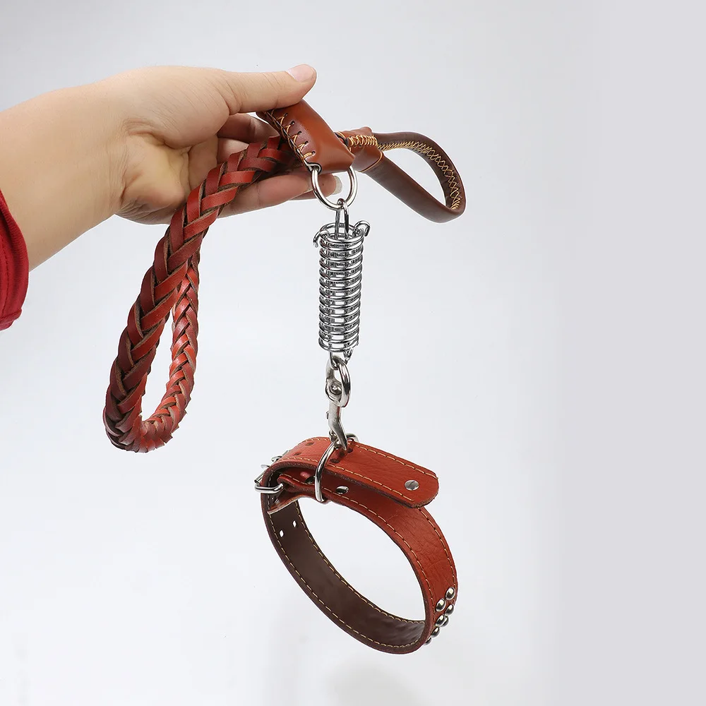 

Pet Dog Cowhide Genuine Leather Collar Traction Rope Suit Dog Chain For Medium Large Dog Explosion-proof Impact Traction Belt