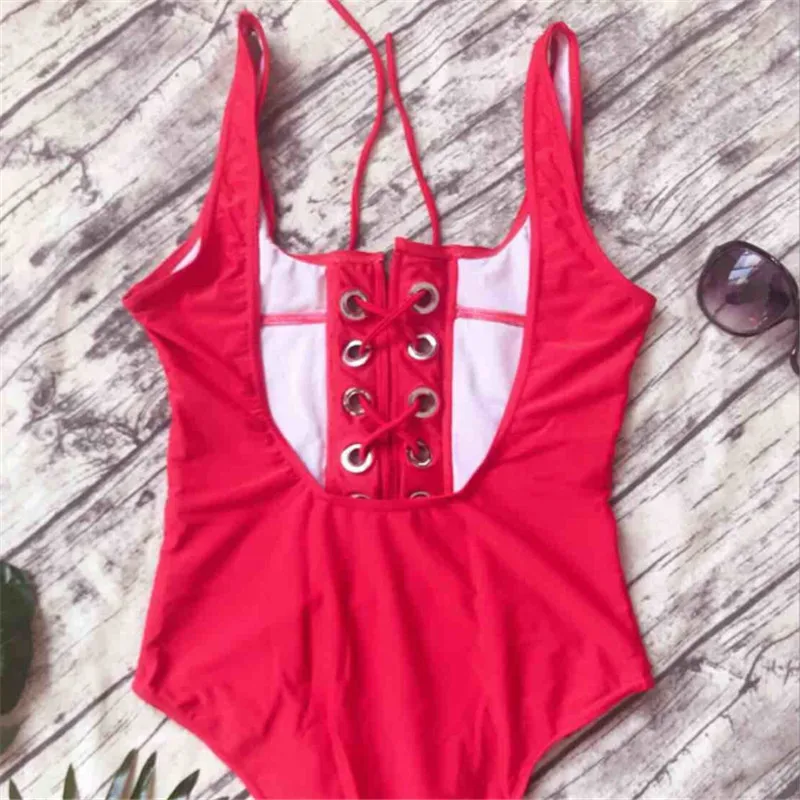 Сексуальный женский цельный купальник Бандажное бикини пуш-ап монокини красный