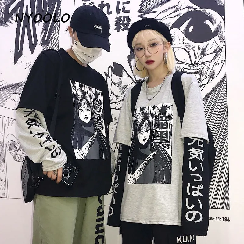 NYOOLO Harajuku стиль комиксы с буквенным принтом Толстовка Поддельные 2 шт. лоскутное с длинным рукавом пуловеры толстовка женская/мужская одежда топы