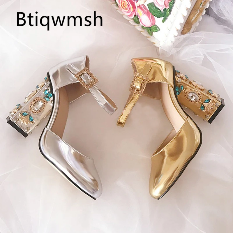 

2019 Retro Gold Pumps For Women Pointed Toe Rhinestone Buckle Diamond High Heel Shoes Women Fashion Wedding Shoes