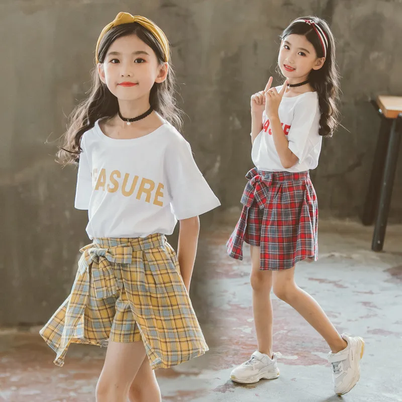 Лето 2021 повседневная одежда для девочек-подростков клетчатая юбка + белая