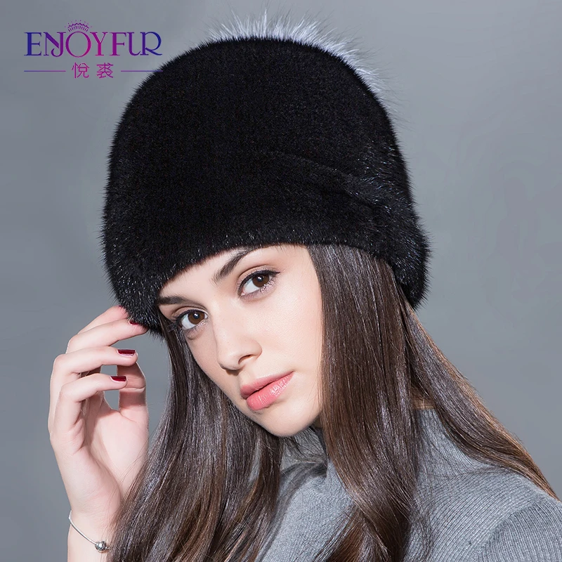 ENJOYFUR Wonmen меховая шапка для зимнего натурального цельного пластины норки с silver