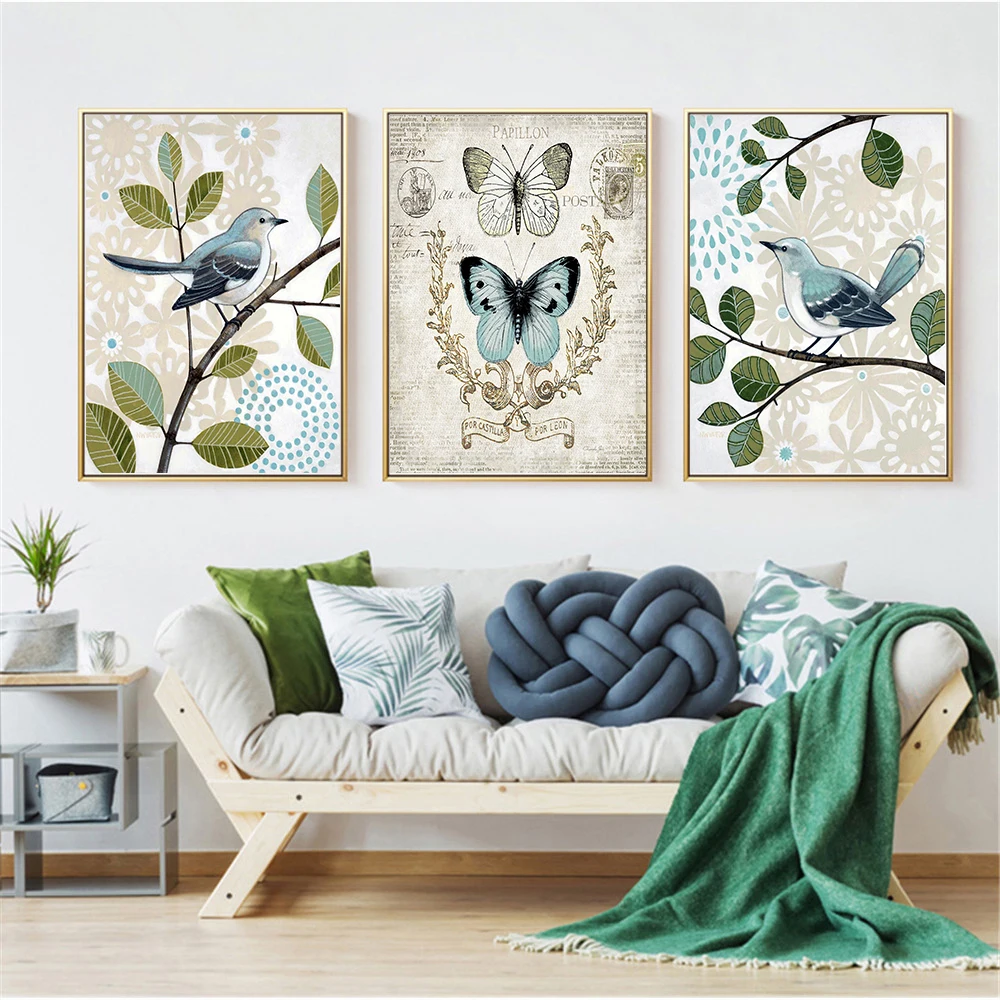 Ретро Простой Цветочный холст печать постер в скандинавском стиле модная птица