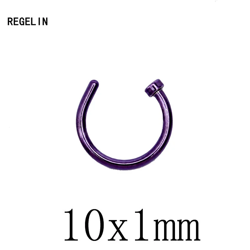 purple 10x1mm REGELIN 10 шт./лот Титан кольца в нос клип на ухо губ пупка тела Имитация пирсинга пирсинг для носа Jewelry Для женщин пирсинг Nariz - Окраска металла: purple 10x1mm