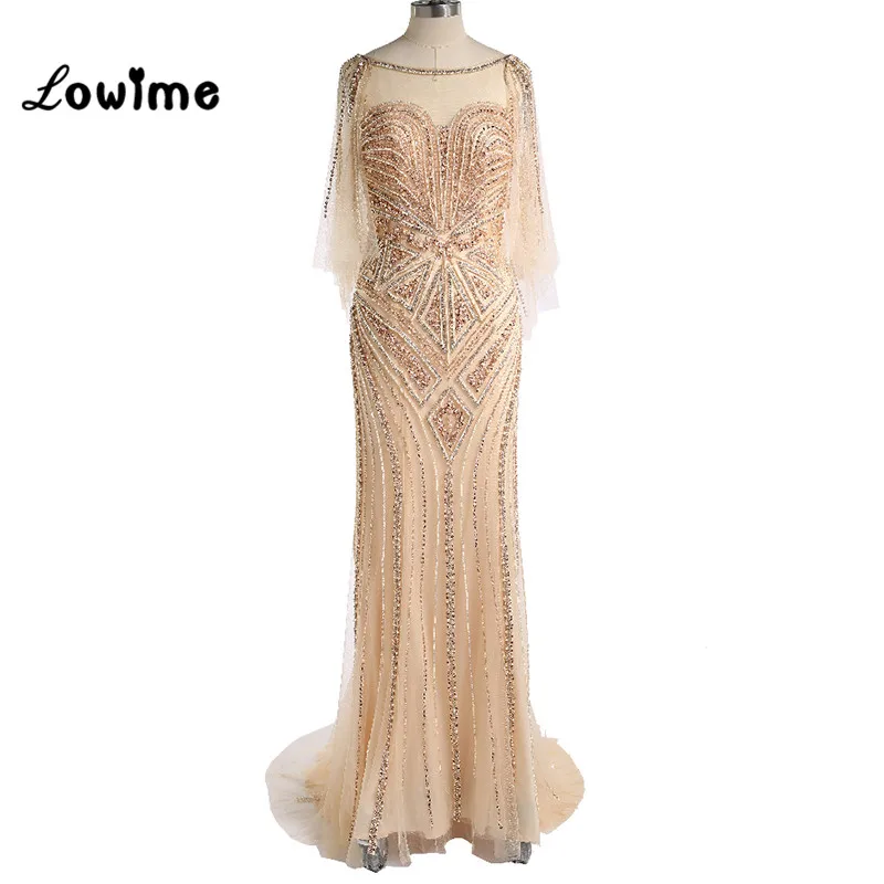 Beste Luxe Champagne Crystal Avondjurken Glitter Mermaid Lange Prom Jurk Met Sjaal Abendkleider Vestido Festa Formele Jurk