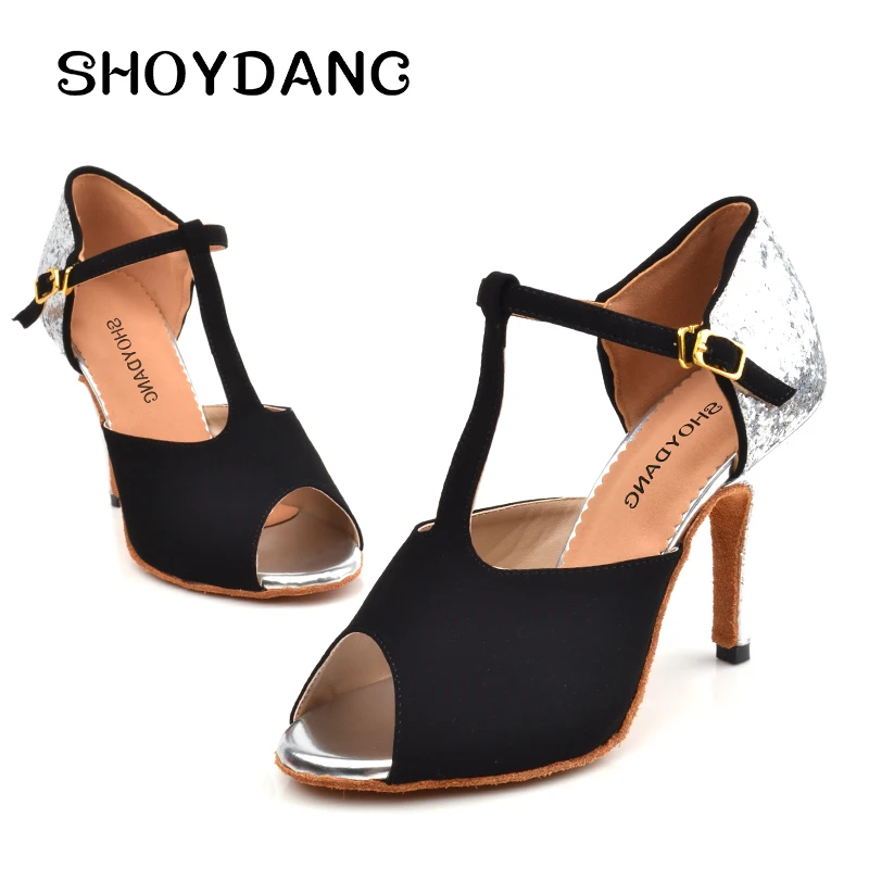 

SHOYDANC Latin Dance Shoes Women Black Suede and Silver Sequin Soft Bottom Salsa Dance Shoes Heel 6-10CM Dance Sandals
