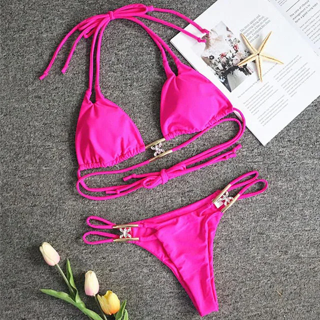 B059Rose Новинка, сексуальное бикини с бриллиантами,, женский купальник-бандо, женский купальник с бретелькой через шею, комплект бикини из двух предметов, купальный костюм, одежда для плавания - Color: B059Rose