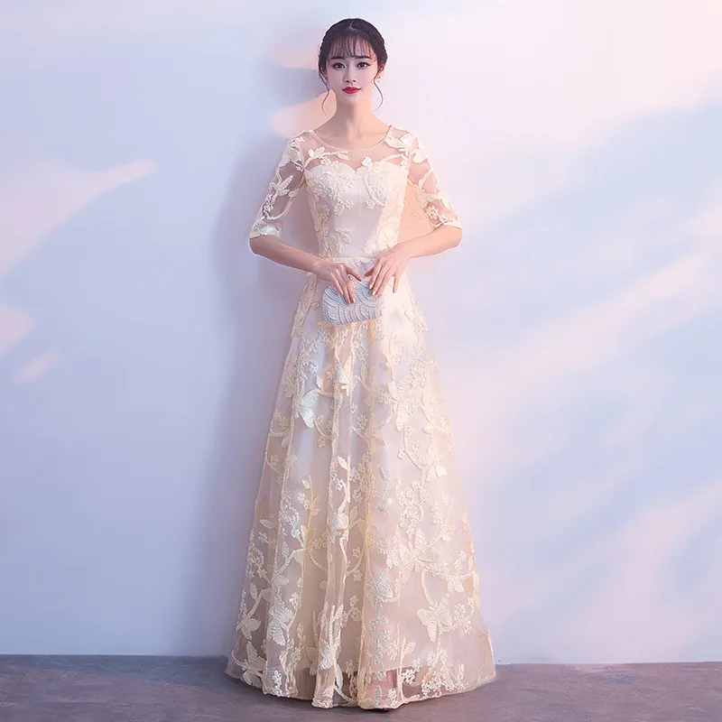 Шампанское DEERVEADO Robe De Soiree элегантное вечернее платье с коротким рукавом длинное торжественное платье вечернее платье сексуальное с открытой спиной платье для выпускного вечера M253 - Цвет: Шампанское