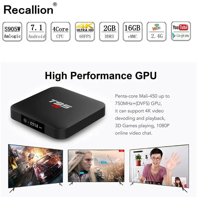 Android 7 1 Smart tv BOX S905W четырехъядерный 2G DDR3 16G EMMC ROM телеприставка 4 K 3D H.265 Wifi медиаплеер