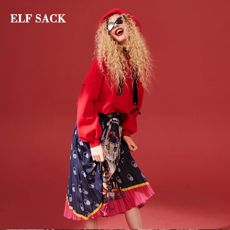 ELFSACK модная новинка шикарная Женская юбка с принтом кошек женские юбки до колена