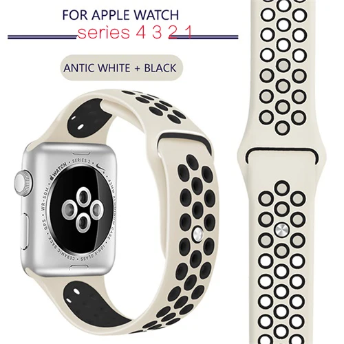 Antic white black Ремешок для Apple Watch 4, 3, 2, 1, ремешок 38 мм, 40 мм, силиконовый браслет 42 мм, 44 мм, ремешок из резины iwatch 4, 3, 2, ремешок, браслеты - Band Color: Antic white black