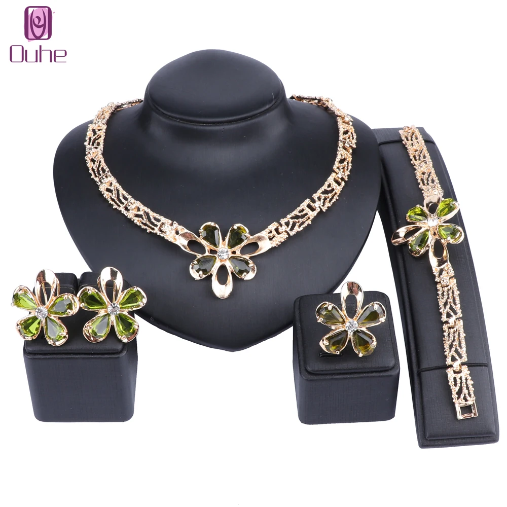 African Jewelry Set Gold Color Purple/Green Zircon Austrian Crystal Women Wedding Necklace Bracelet Earring Ring | Украшения и