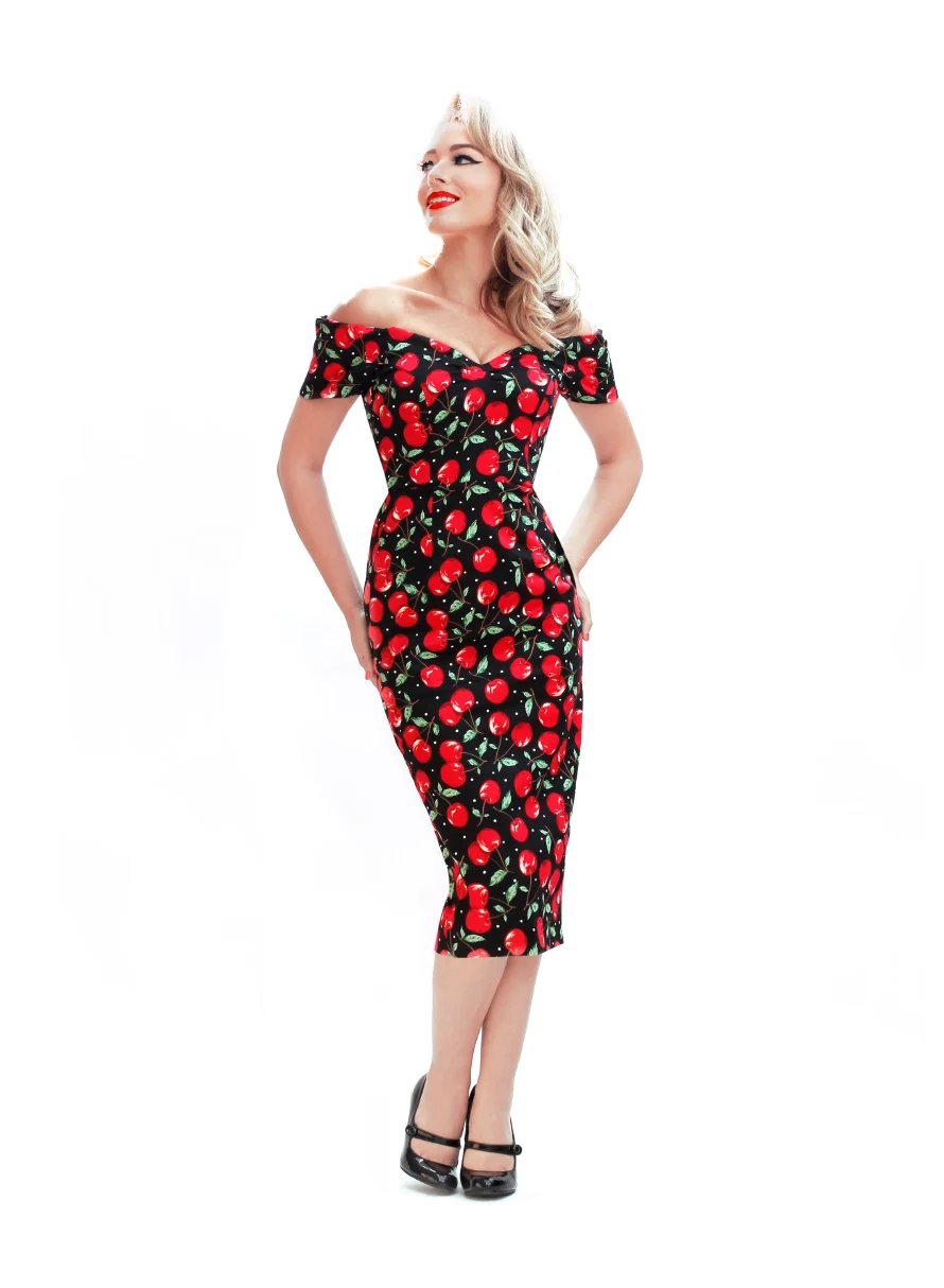 лето Женщины Винтаж 50 х годов с принтом вишни открытыми плечами wiggle d|dress robe|vintage