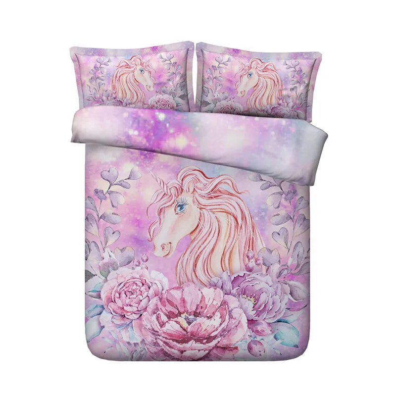 

luxury 3D Girl Unicorn printing bedding sets Flowers Unicorn duvet cover pink Bedclothes bed linen king best gift