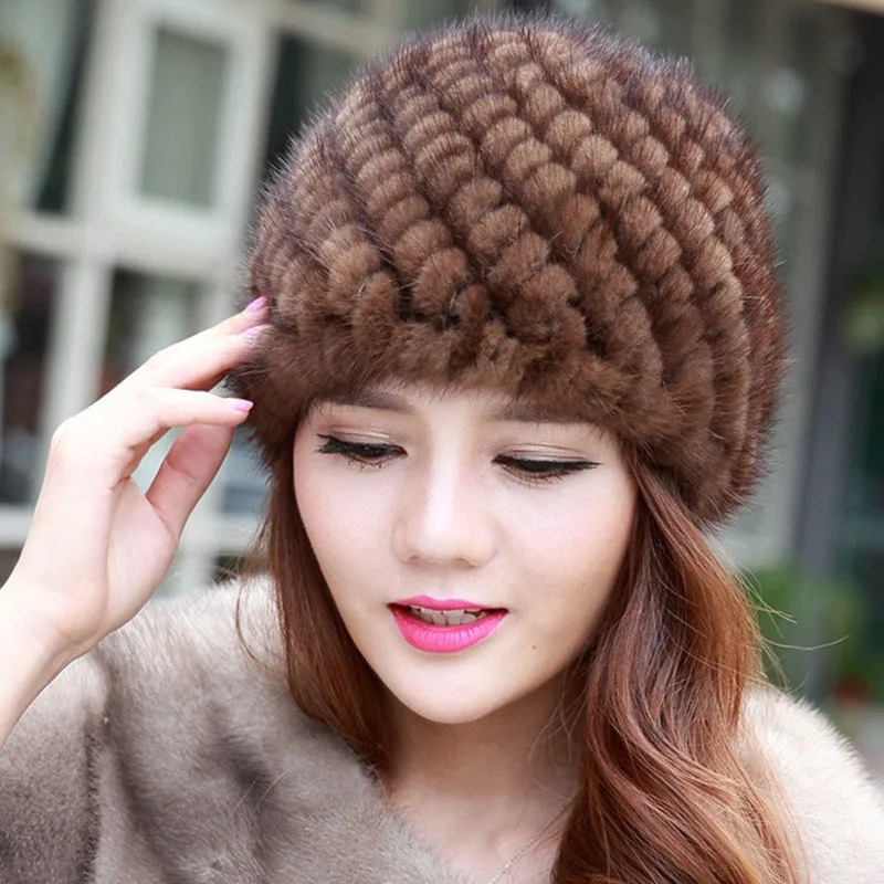 Меховая шапка 100% натуральный мех норки женская вязаная шапки для зимы модные