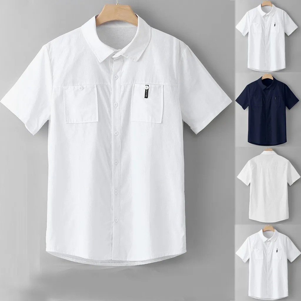 Мужская Повседневная футболка Облегающая рубашка из хлопка и льна с коротким