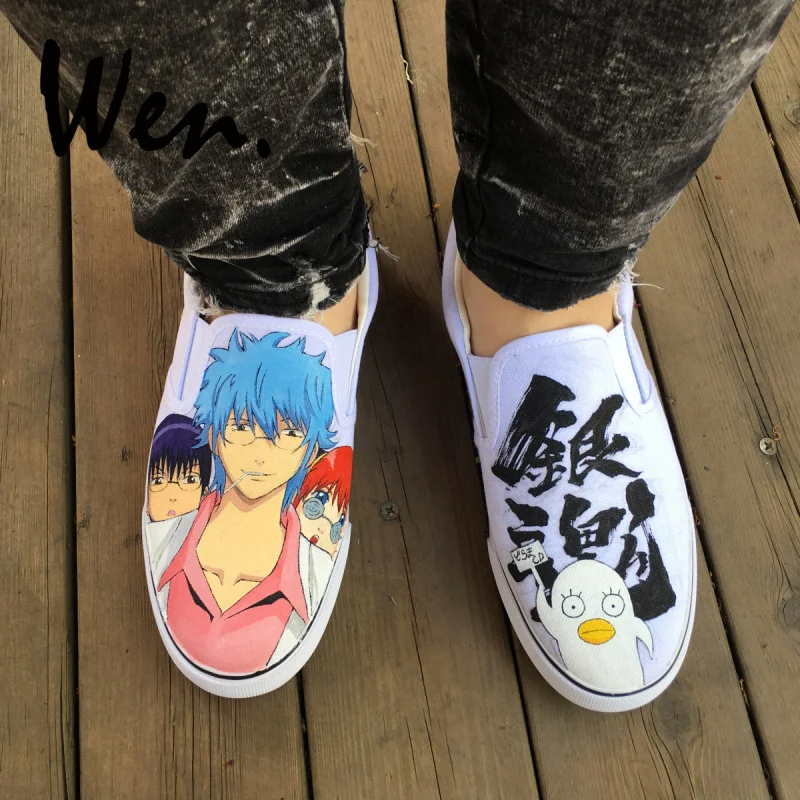 

Wen Hand Painted Skateboarding Shoes for Men Women Design Custom Gintama Anime White Slip On Canvas Sneakers Low Flat Plimsolls