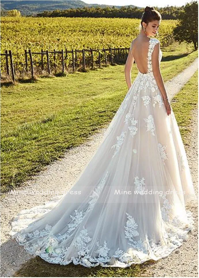 Винтаж свадебное платье Vestidos de Novia из кружева, с вырезом на шее, с аппликацией Свадебные платья без спинки платье невесты из тюля