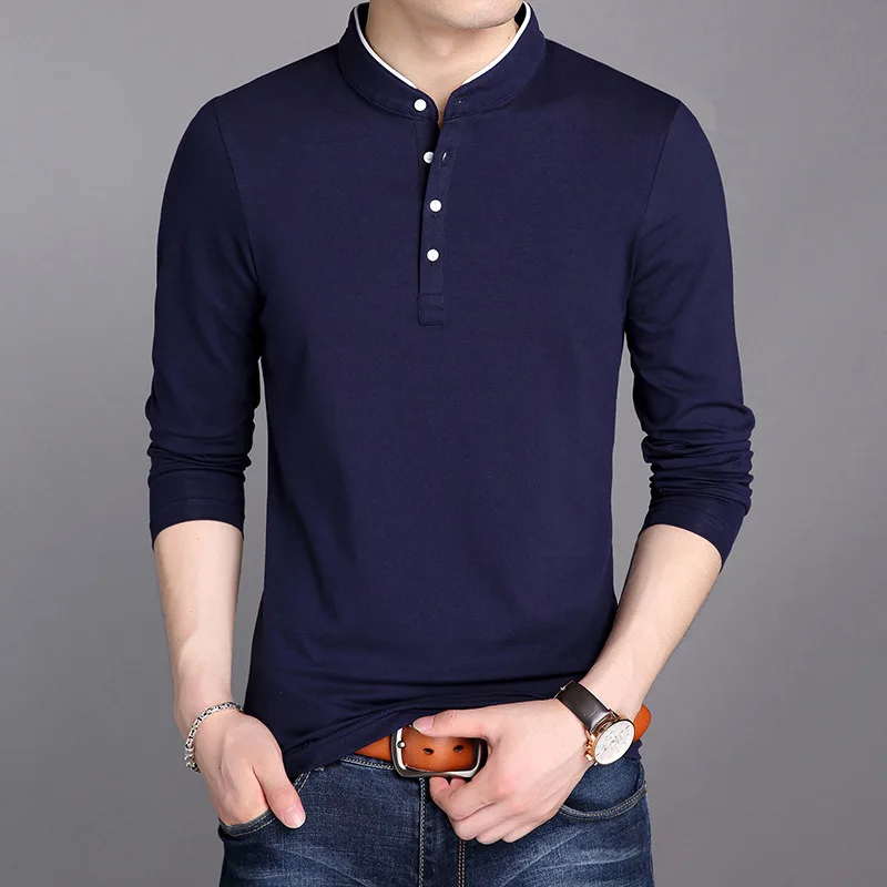 

MRMT 2023 Brand New Autumn Men's T-shirt Four-button Long-sleeved T-shirt for Male Vertical Collar Pure Color Tops Tshirt