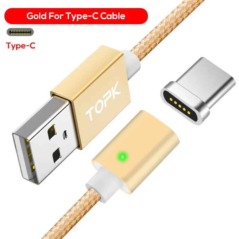 TOPK, магнитный светодиодный кабель с индикатором, кабель usb типа C и кабель Micro USB, адаптер, нейлоновая оплетка, магнитный кабель для зарядки и синхронизации данных - Цвет: Gold Type-C Cable