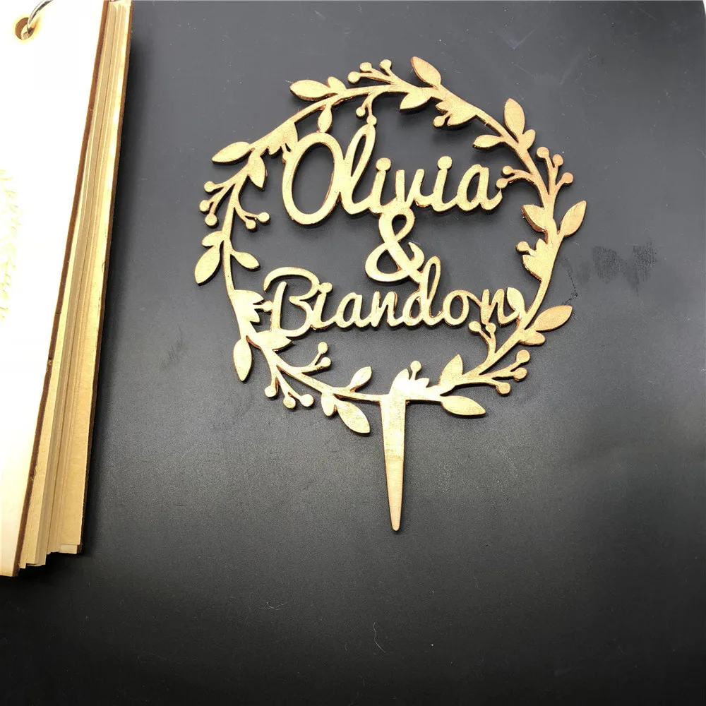

Custom wreath wedding cake topper Wooden Wedding Party Decoration Personalized Name Rustic Cake Topper