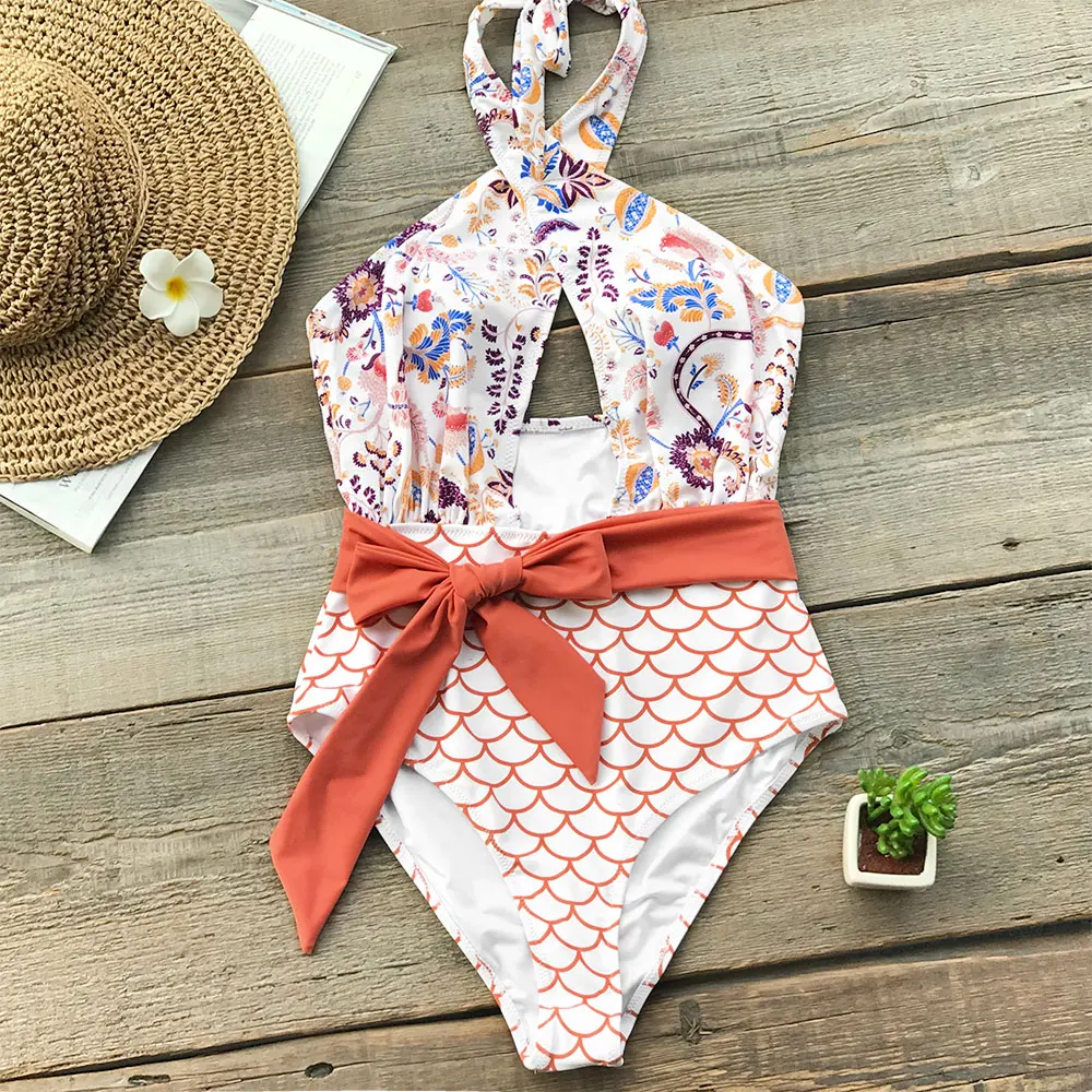 CUPSHE Orange Wrap Belt One-Piece Swimsuit Women Cross High Leg Cut Monokini Beach Bathing Suit Girl Boho Swimwear
