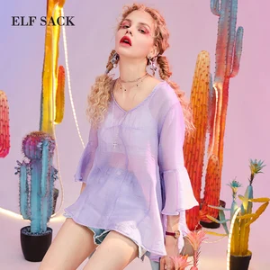 ELFSACK New Elegant Woman Shirts Stylish Solid Ruffles V-Neck Butterfly Sleeve Chiffon Women Blouse  Streetwear Ladies Shirts