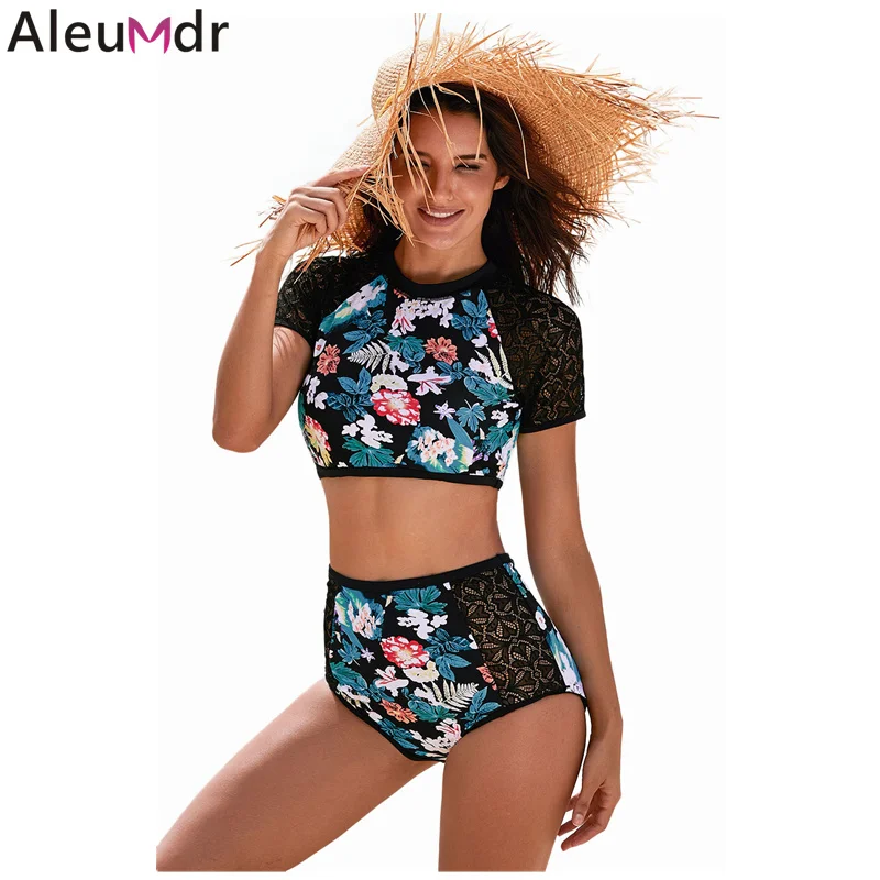 Aleumdr Купальник для женщин кружево полые Цветочный Принт 2 шт. короткий рукав