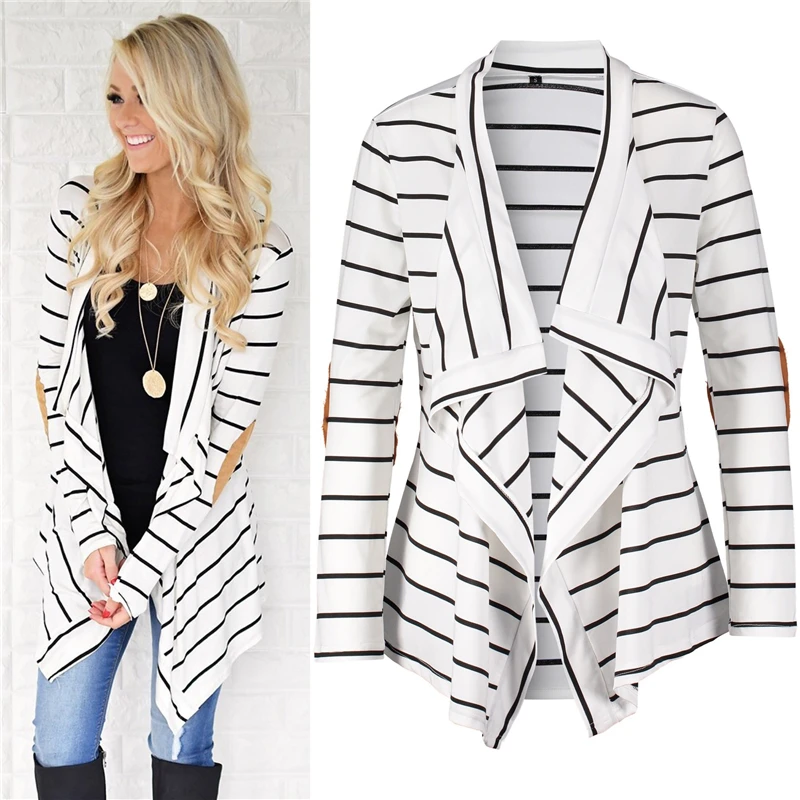 Casual Elbow Patchwork Knitted Sweater Fashion 2018 Autumn Winter Outerwear Women Long Sleeve Striped Printed Cardigan WLD338 |