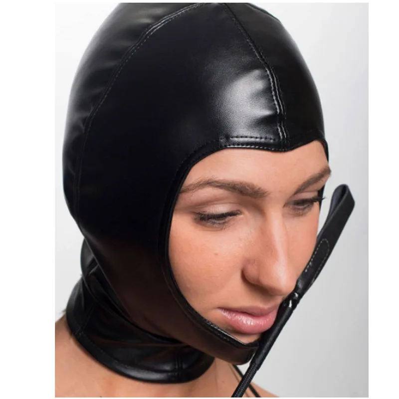

black red Leather harf face cover head Mask Erotic Costumes Accessory Sexy Fetish Hood with zip for Ladies