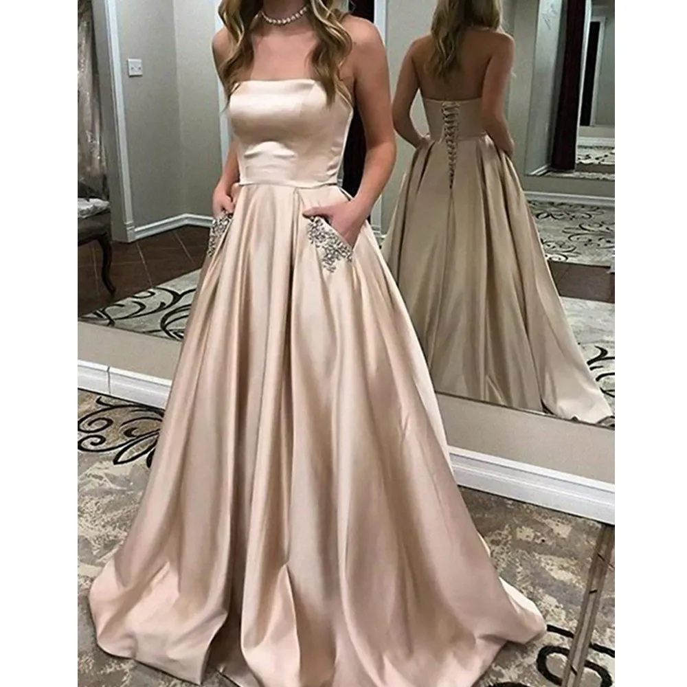 

Custom Made Plus Size 2021 Long Evening Dresses with Pockets Formal Sweep Train Lace Up Floor Length Party Prom Gowns