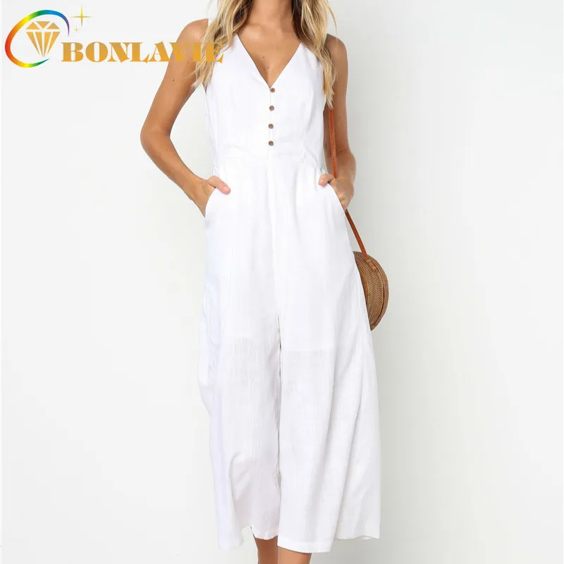 

Summer Fashion Jumpsuit Ankle-length Pure Cotton Cloth Deep V-neck Button Decoration Sleeveless Solid Color Loose Type Pants