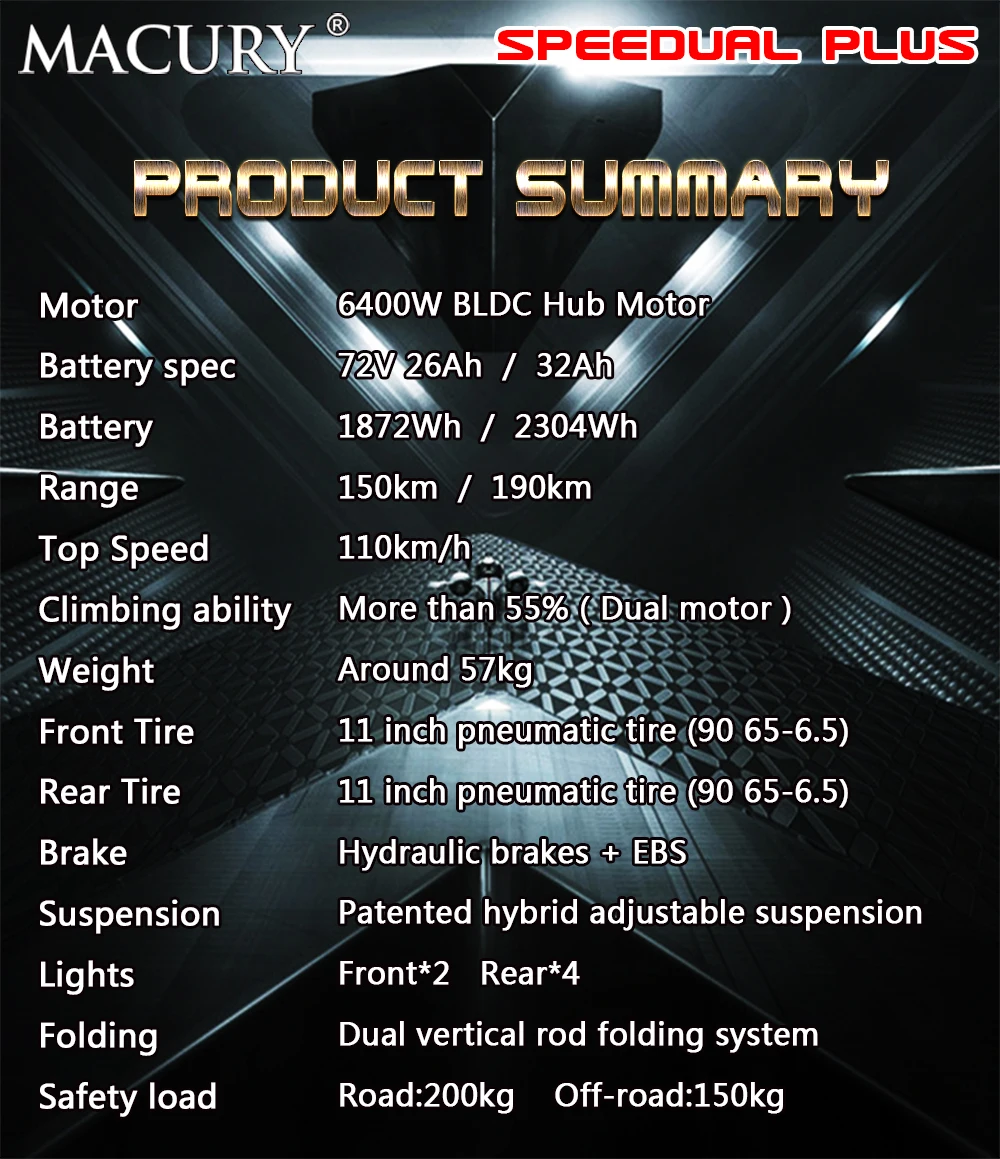 Macury Speedual Plus 11 дюймов двойной электроскутер 72 в 3200 Вт внедорожный E-скутер 110 км/ч двойной привод Zero 11X внедорожный
