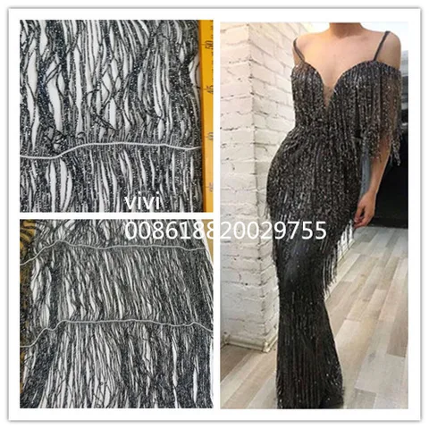 Po001 #10 ярдов, черная, серебристая бахрома из полиэстера с бахромой, ширина 55 см для украшения платья/модного дизайна