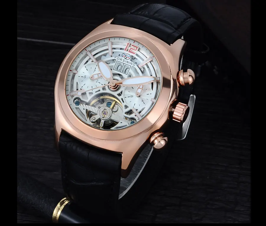 Forsining выпуклая стеклянная стильная Tourbillion 3D дизайнерская Натуральная кожа ремешок мужские часы лучший бренд класса люкс автоматические часы