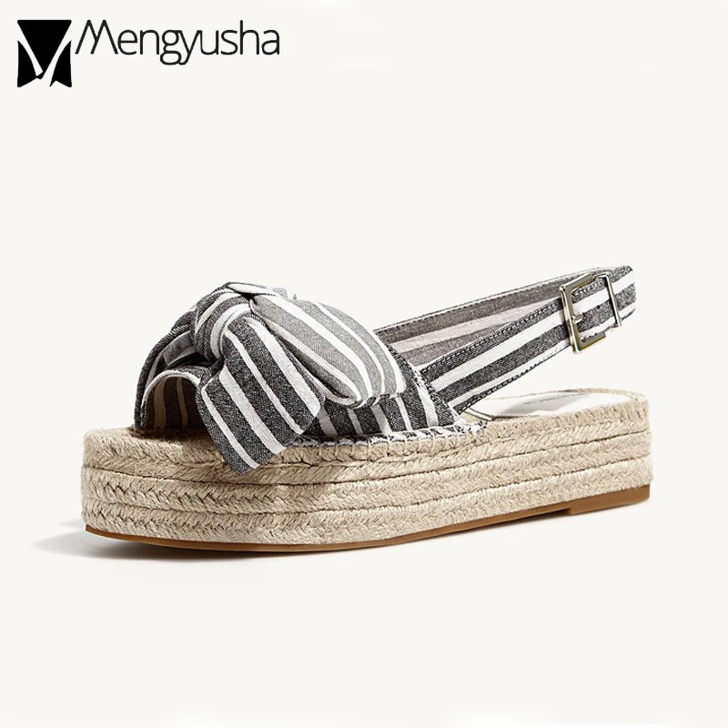 Полосатые сандалии с бантом Женская обувь в рыбацком стиле на толстой подошве