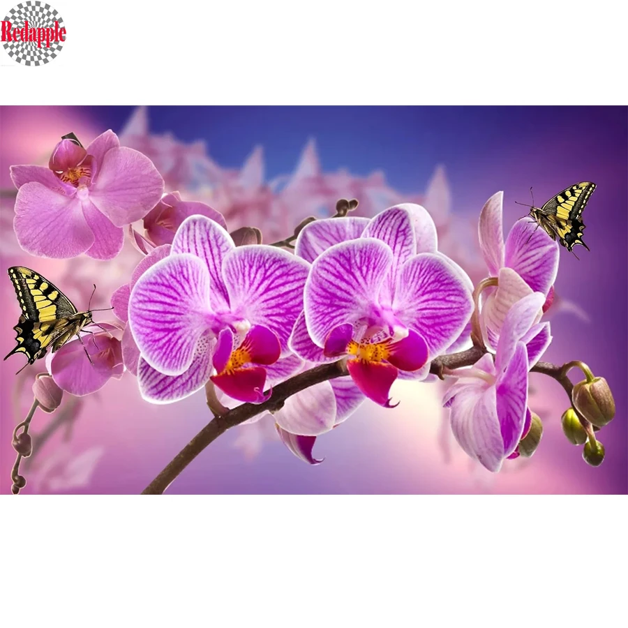 

5D Cross Stitch diy Diamond Embroidery Diamond Painting pouple orchid flower butterfly custom Square rhinestone Mosaic painting