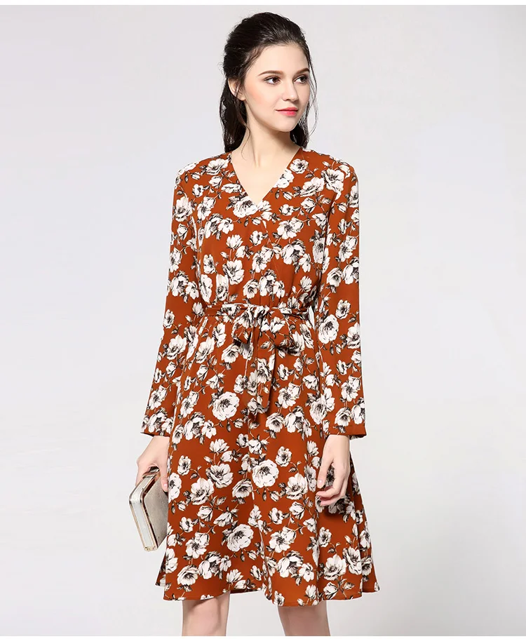 2019 spring design women floral print A-line dresses plus size V neck sexy flowers casual dress with sash Caramel color | Женская одежда