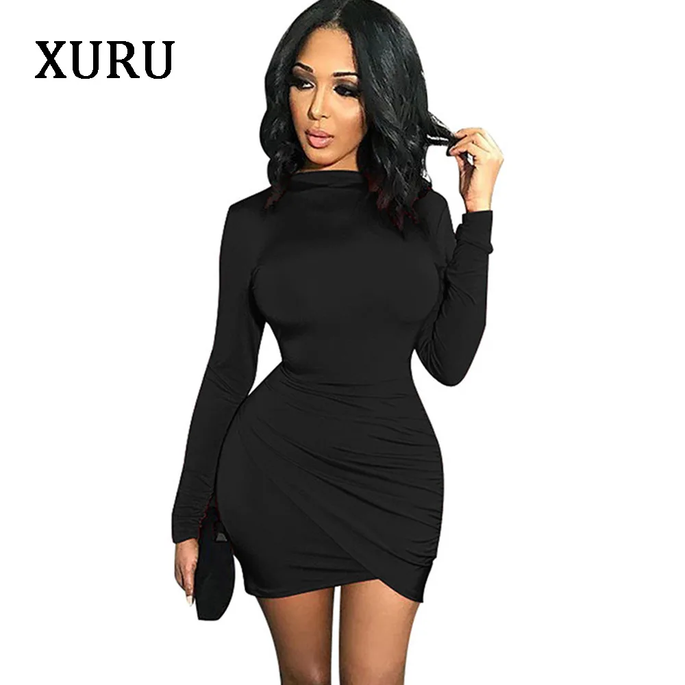 

XURU 2020 spring women's dress sexy wild self-cultivation irregular pleated dress long-sleeved dress