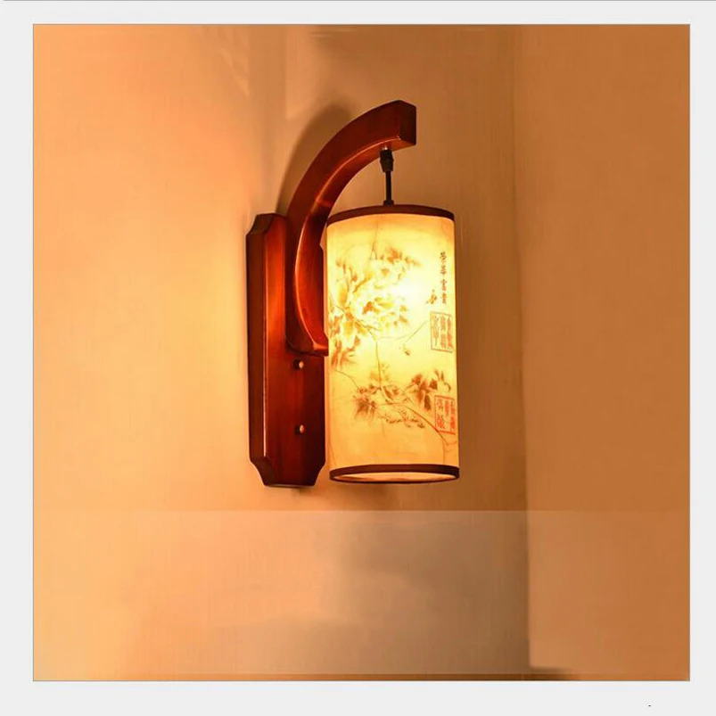

Retro Chinese Wall Lamp Wall Sconce Antique Wood Parchme Stair Aisle Corridor Bedroom Living Room Cafe Lamp,E27 Wall Light