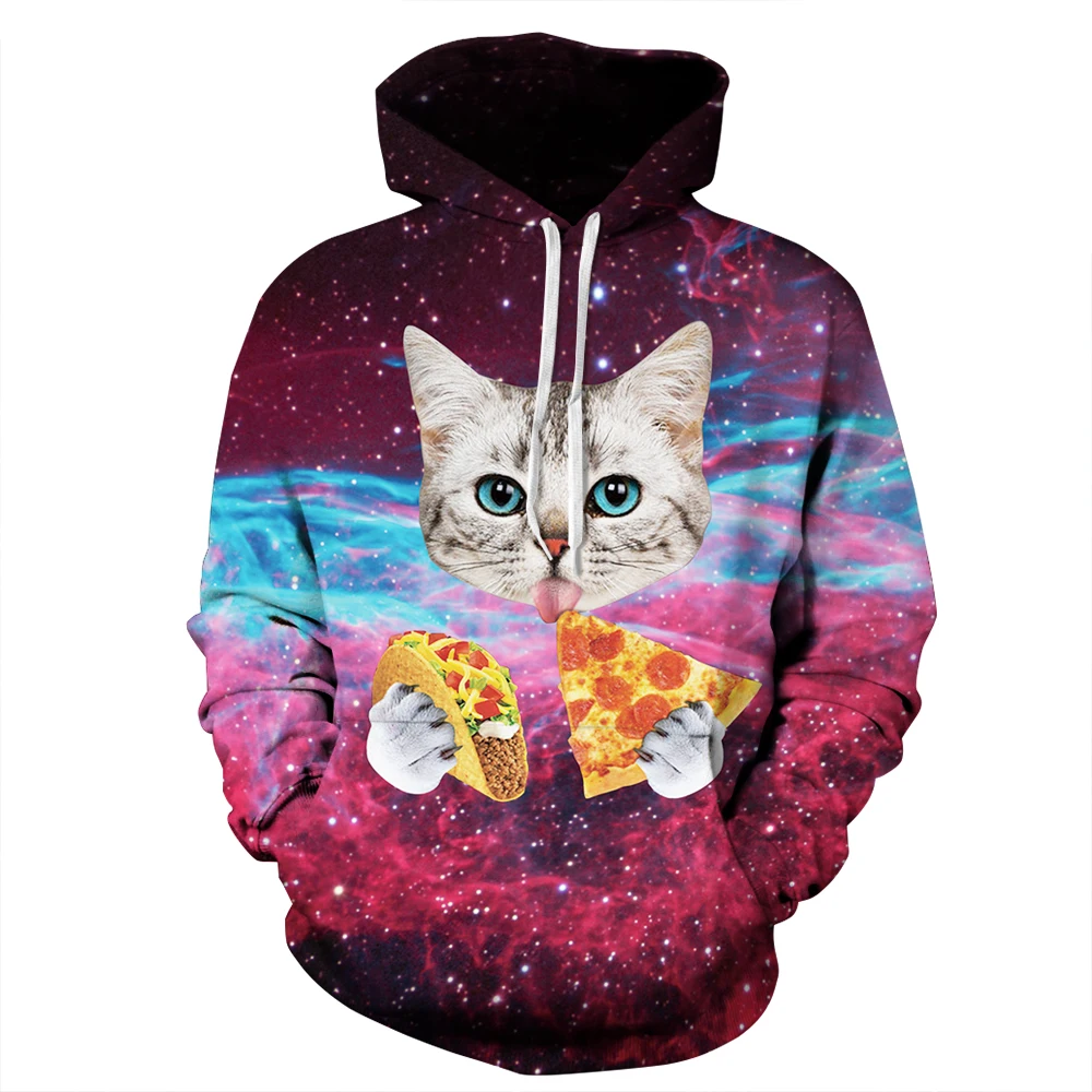 

Men Women hoodies hip hop sweatshirt 3D print starry sky Cat head pizza fashion casual Loose hoodie tracksuit unisex Pullover