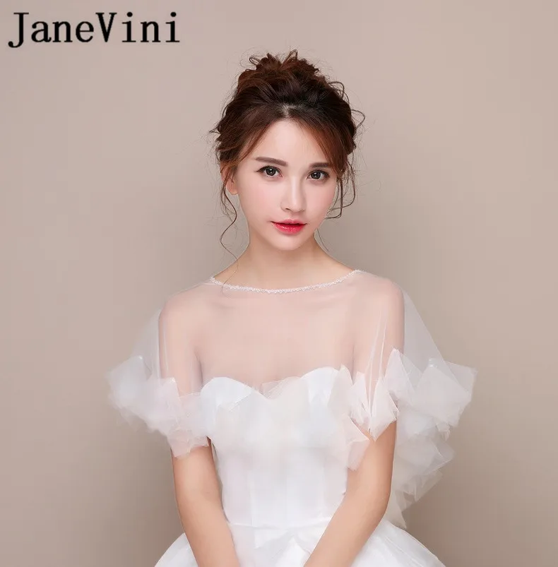 JaneVini 2018 Beaded Neck Bridal White Jacket Simple Tulle Women Wedding Dress Bolero Cape Summer Party Wraps Chaqueta Boda