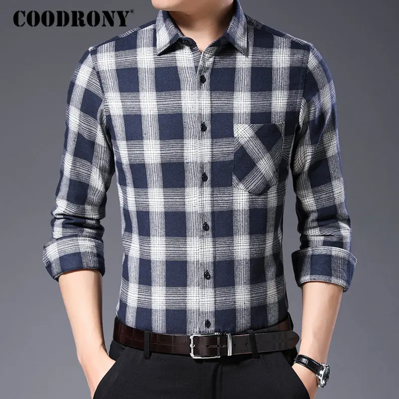 COODRONY, мужская рубашка, осенняя, мягкая, хлопковая, с длинным рукавом, рубашка для мужчин, уличная мода, в клетку, повседневные рубашки, с карманом, Camisa Masculina 96058