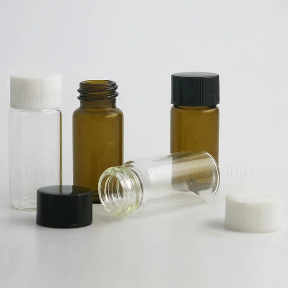 Empty Amber Clear Screw Neck Glass Bottles With Plastic Cap Transparent Brown Vials 1/3oz 10 ml Containers 100pcs | Красота и