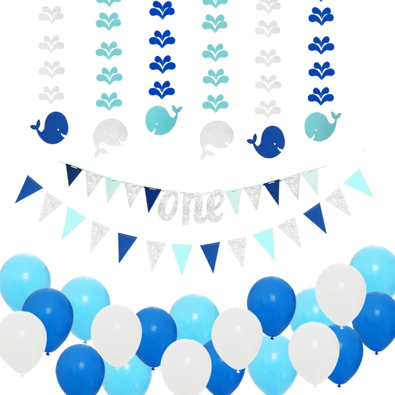 

28pcs Blue Theme under the Sea Party Decoration Set Girl Boy 1st First Birthday Baby Shower Balloon Bunting Banner Flags Supply