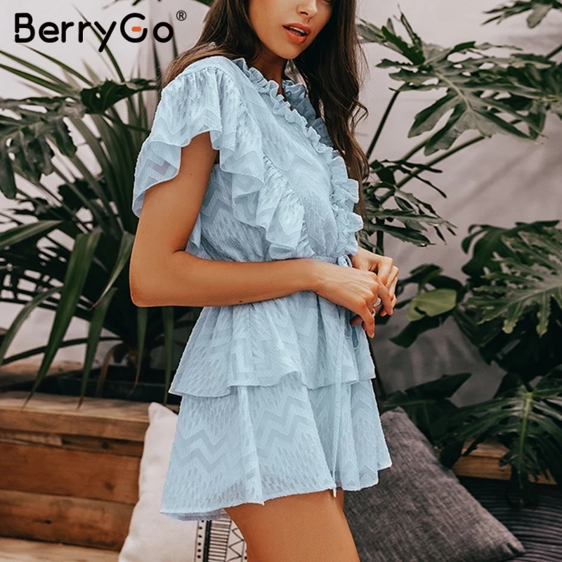 BerryGo повседневный элегантный летний синий комбинезон с рюшами женский