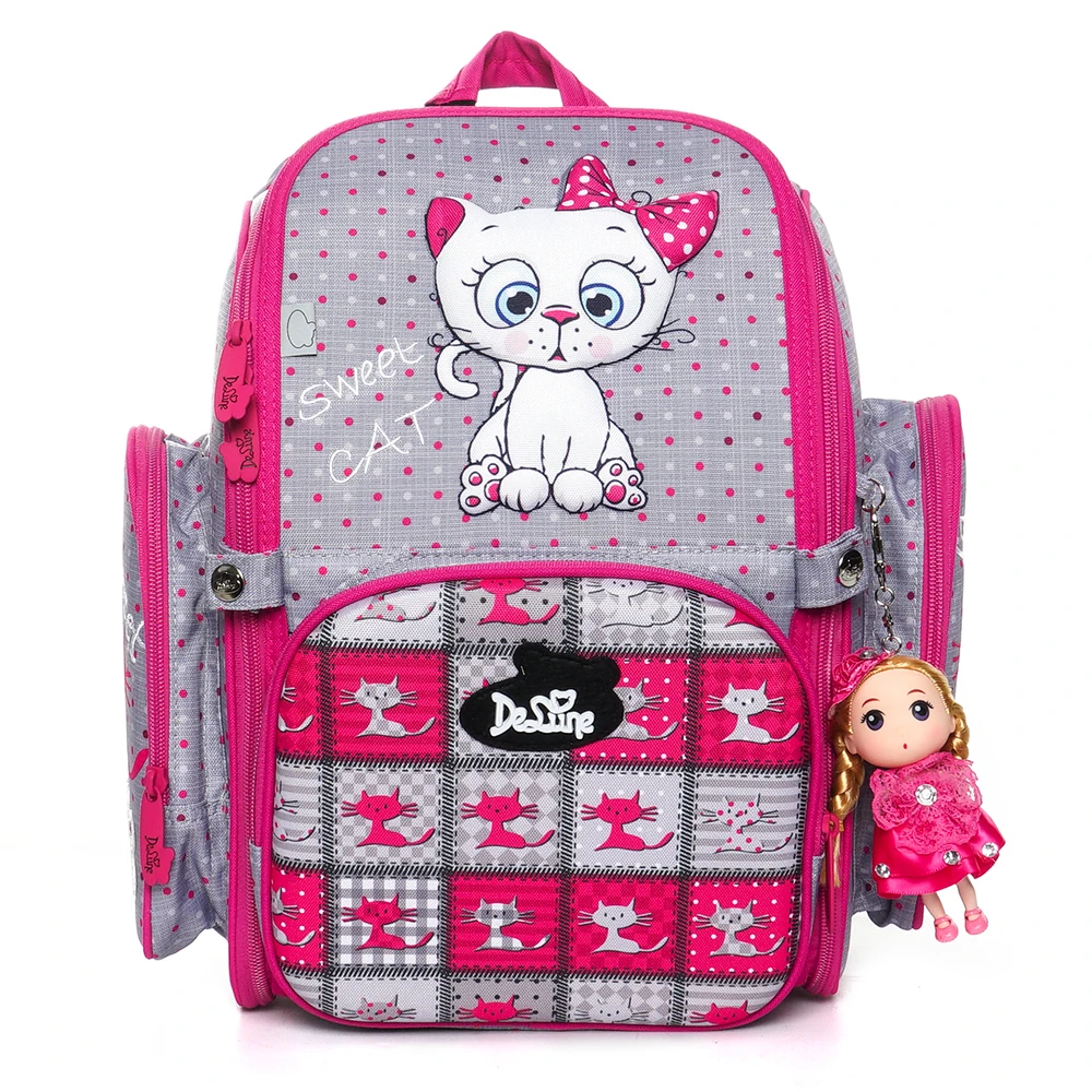 Delune Brand Girls Lovely Cat 3D Orthopedic School Bags for Children Boys SUV Cars Schoolbag Backpack Mochila Infantil Grade 1-5
